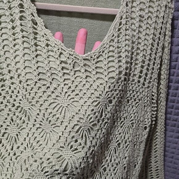 Y2K Green Crochet Sweater Top Sz2X Open Knit Boho Fairy Cottage Coastal Grandma - Picture 10 of 16